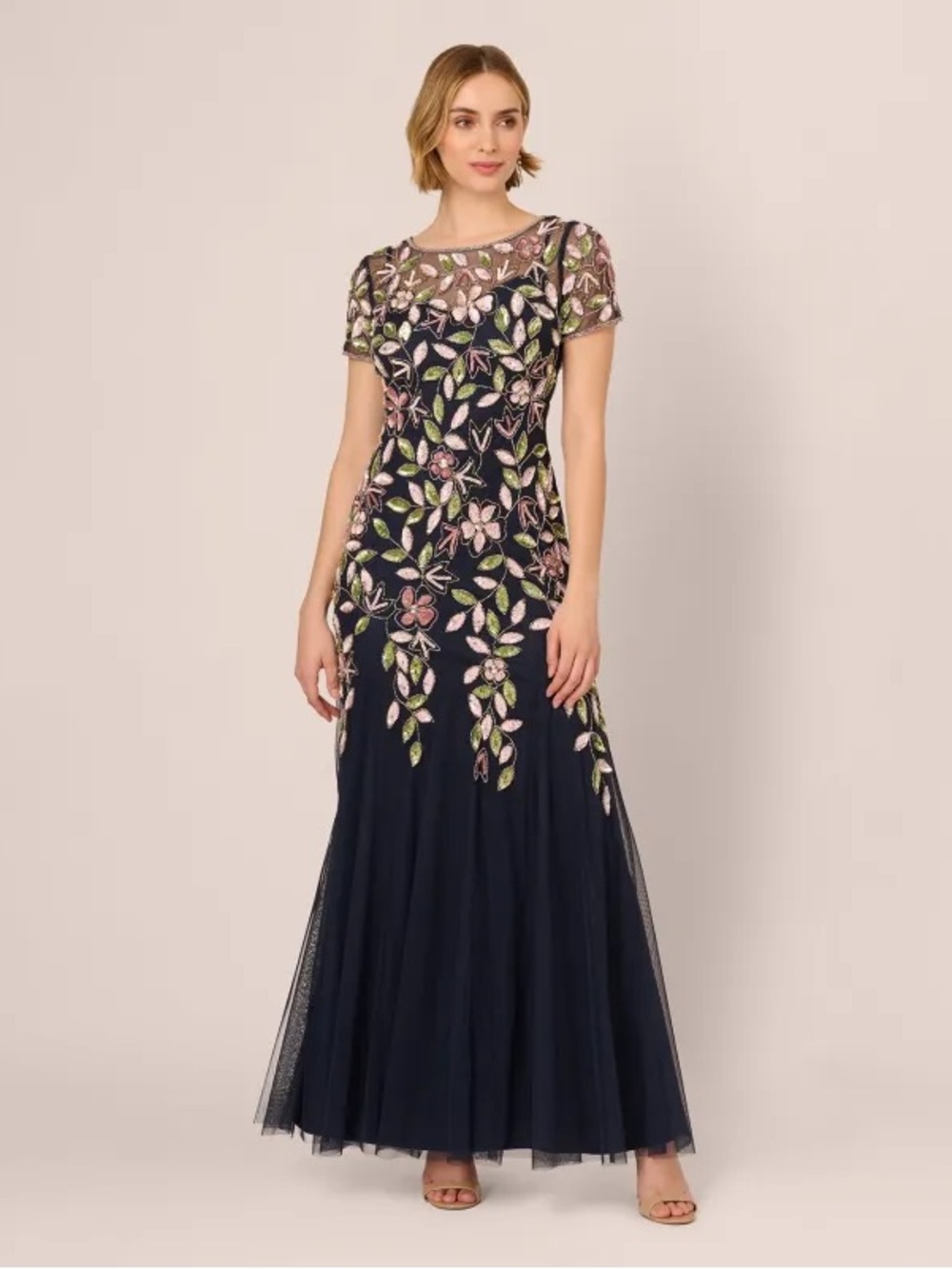 Adrianna Papell Blue Floral Beaded Sequin Short Sleeve Gown Size 8 NWT MOB GALA